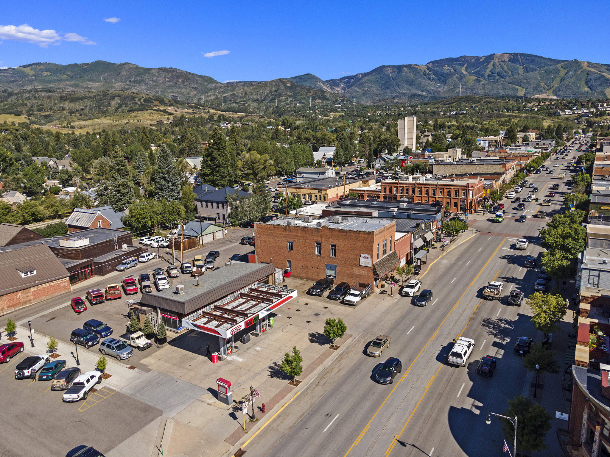 Downtown Conoco gas pumps and storefront