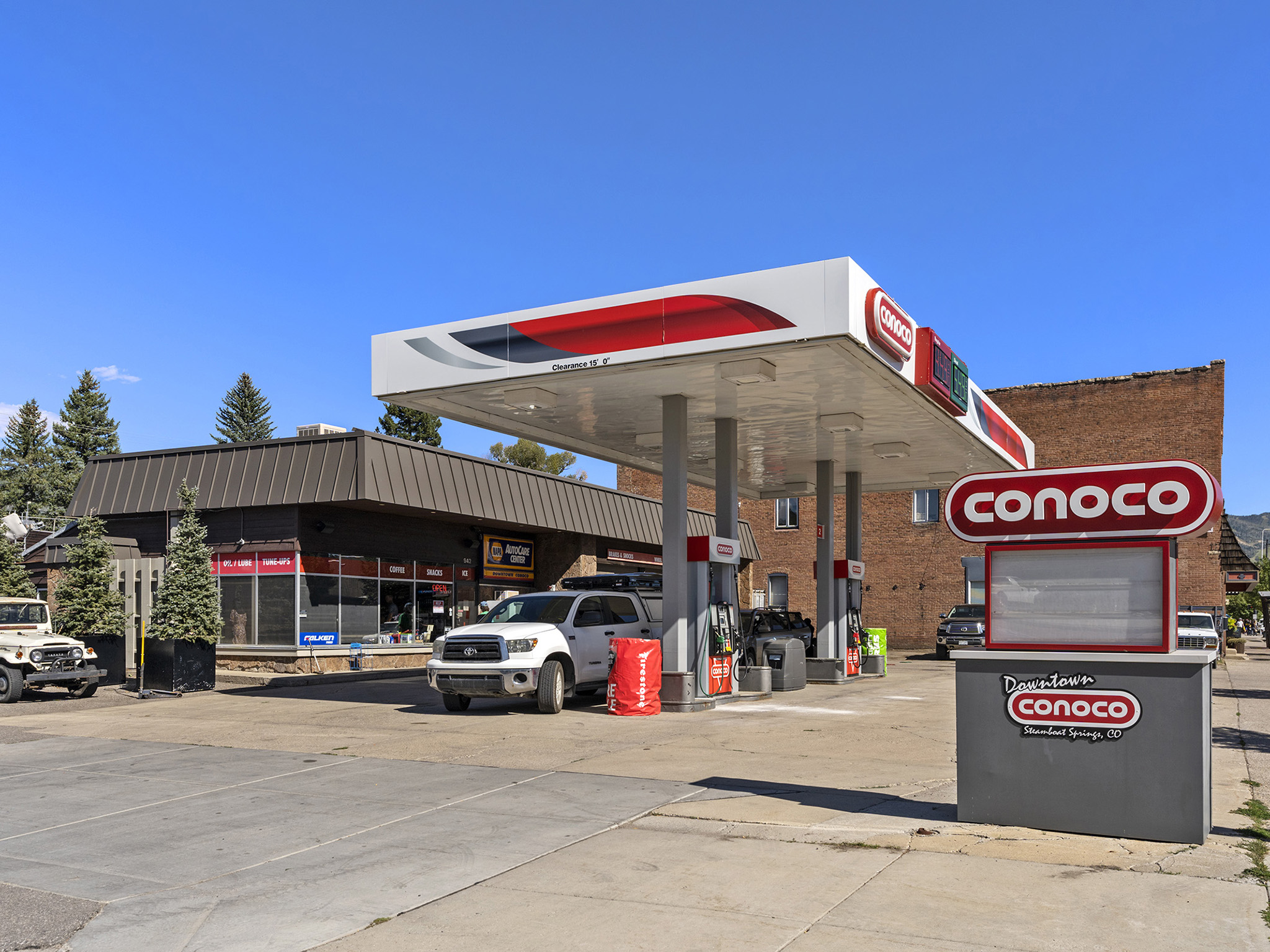 Downtown Conoco gas pumps and service area